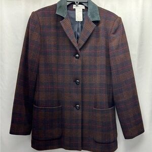Harve Benard Vintage Women’s Wool Brown Plaid Blazer with Green Suede Collar 10